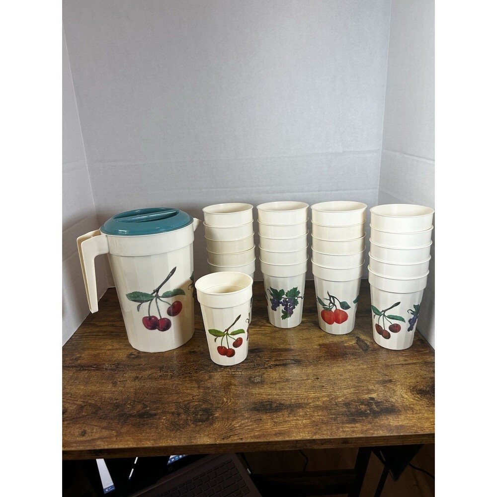 Vintage Packerware Fruit 1/2 Gallon Pitcher & 21 Matching Cups USA Retro Set - Picture 2 of 16